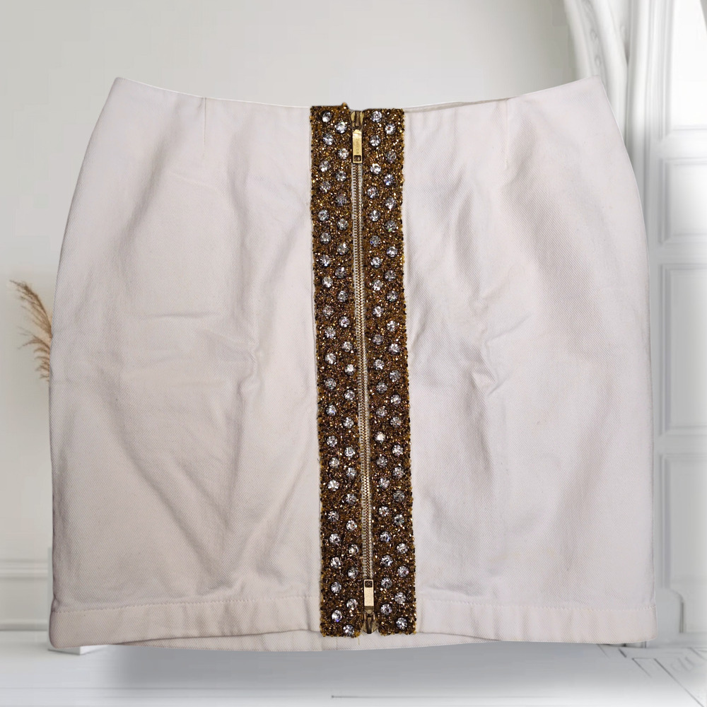 Celine 2004 Michael Kors Runway Crystal Beaded Zip White Denim Mini Skirt 40 - Picture 11 of 16